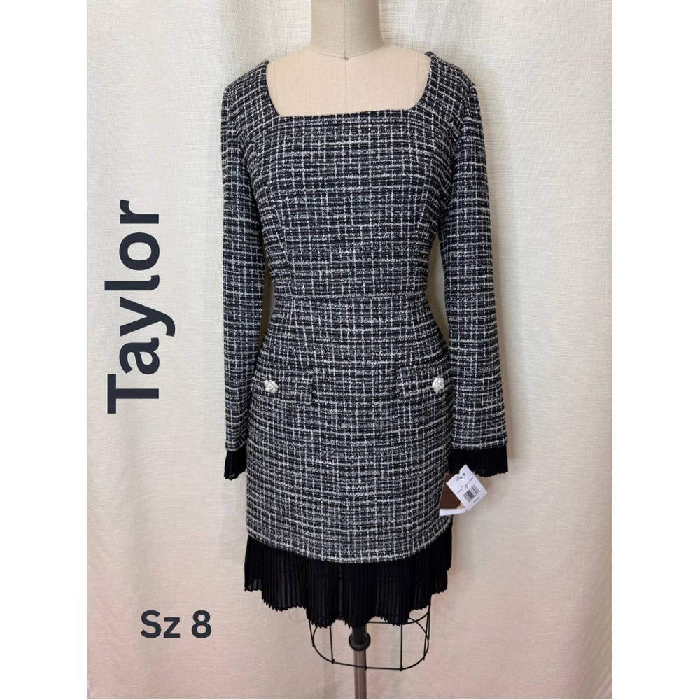 Taylor Black White Tweed Dress Pleated Hem Long Sleeve Size 8 NWT